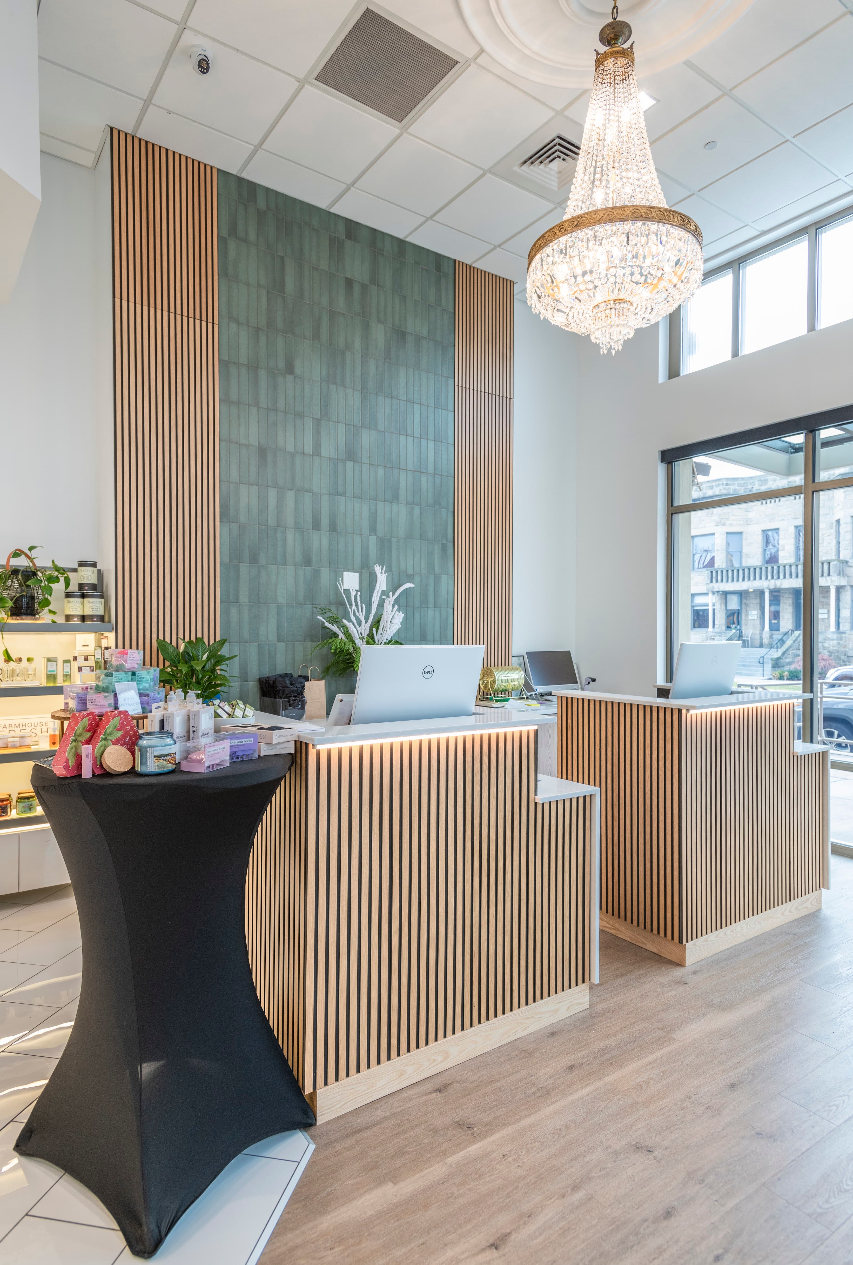 Salon styling station with modern fixtures and elegant finishes